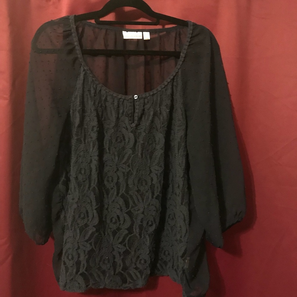 See-through Navy blouse with lace accent XL